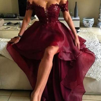  Stylish burgundy lace high low prom dress,burgundy formal dresses
